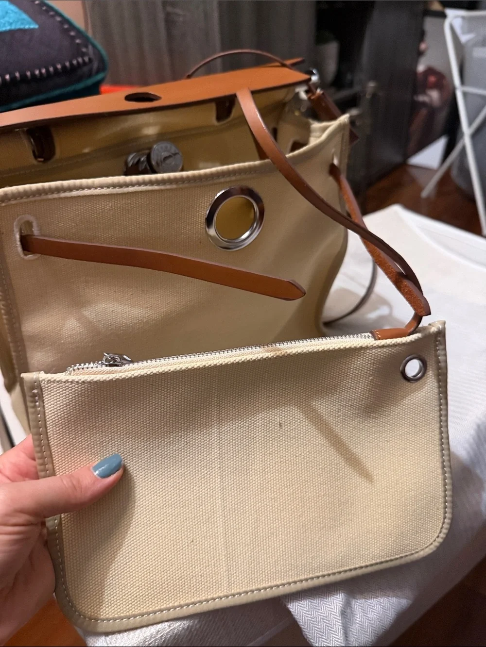 Cream Canvas and Brown Leather Top-Handle Briefcase with Silver Hardware